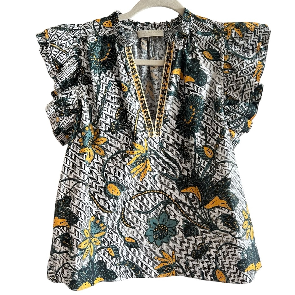 Ulla Johnson White, Yellow & Teal Floral Ruffle Sleeve Blouse